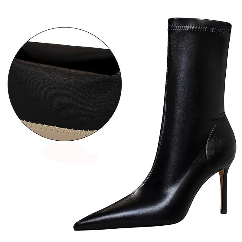 BIGTREE Women's High Heel Leather Boots, Short Ankle Boots, Rinse Shoes, Autumn and Winter