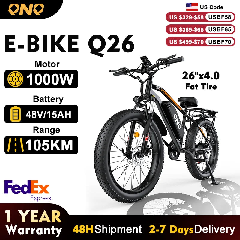 Vélo Électrique 1500W 48V 15AH — 26 Pouces Gros Pneu Neige E-Bike Batterie Lithium