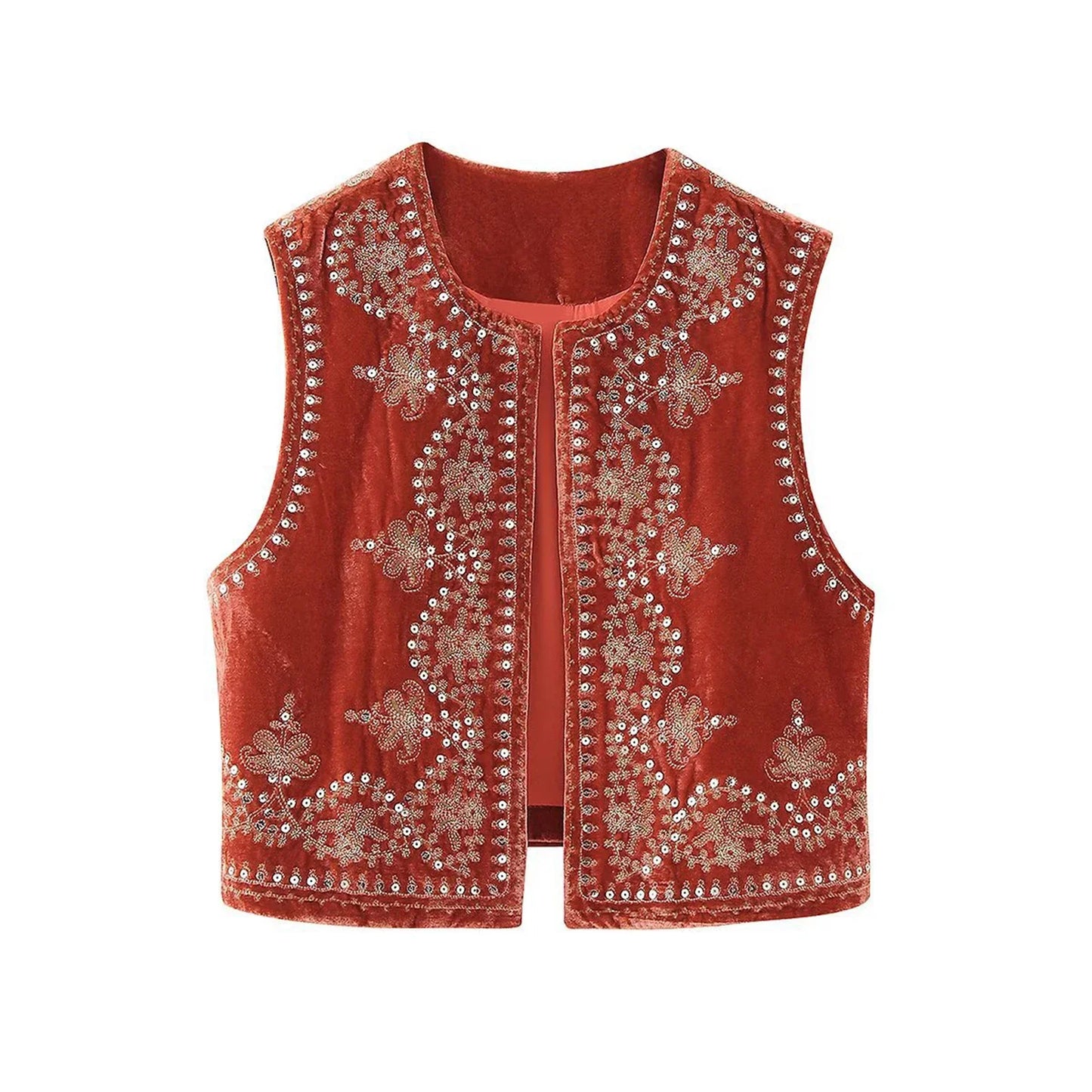 Gilet brodé noir Vintage à motif Floral pour femmes, sans manches, ouvert sur le devant, court polyvalent, vêtements d'extérieur y2k, Cardigan Boho court