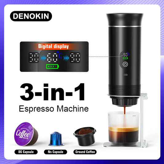 Machine à café expresso portable sans fil — voiture, camping, réservoir 80 ml, affichage numérique, 3 en 1, capsules et poudres