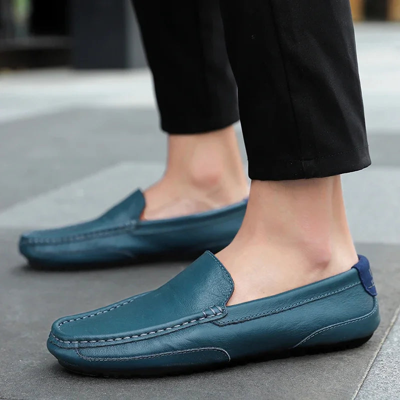 Mocasines transpirables de cuero genuino, mocasines casuales, zapatos de cuero para hombre sin cordones, zapatos planos italianos formales para conducir