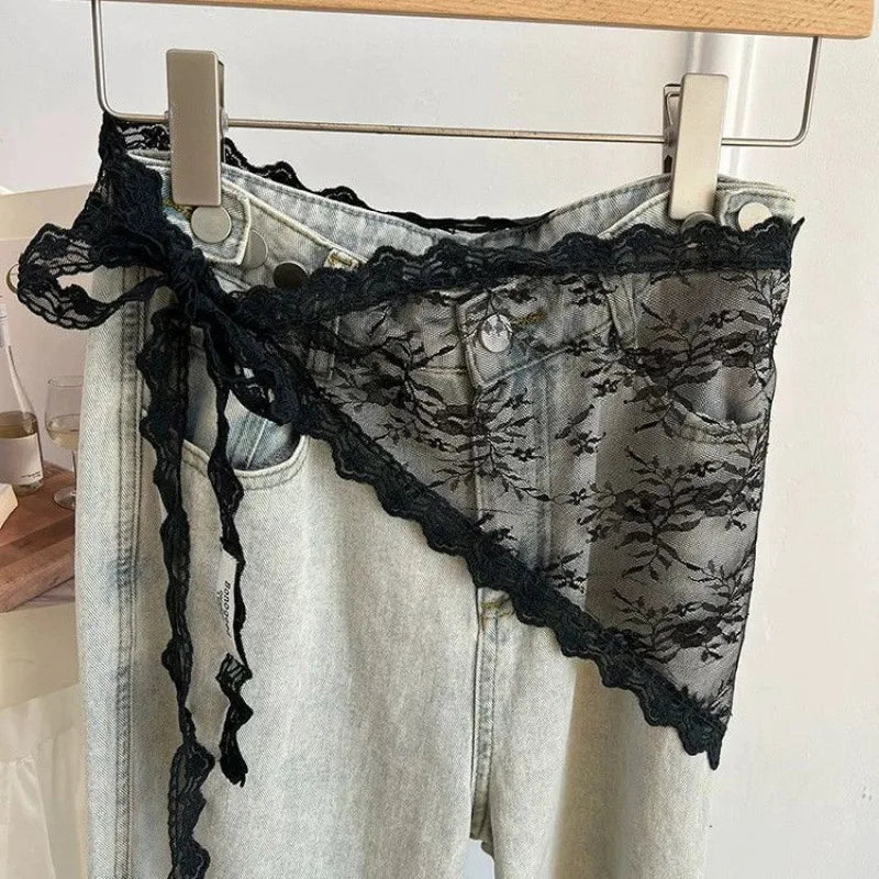Jupe courte triangulaire 2 en 1, demi-jupe, rideau de fesses, tablier à garniture en dentelle, dentelle douce empilée, foulard de Style coréen pour femmes