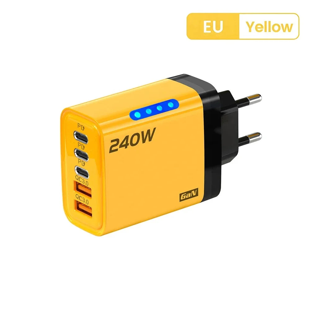 Chargeur de téléphone GaN 5 en 1 240W, adaptateur de charge rapide 10A, câble USB vers Type C, 3 ports PD, 2 ports USB, pour iPhone 16 15 Pro, Xiaomi