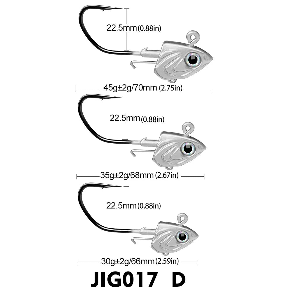 Hameçon de pêche au bar 30g 35g 45g, crochet de gabarit pour ver souple, matériel de pêche en mer, leurre en forme de tête de poisson, appât pour brochet