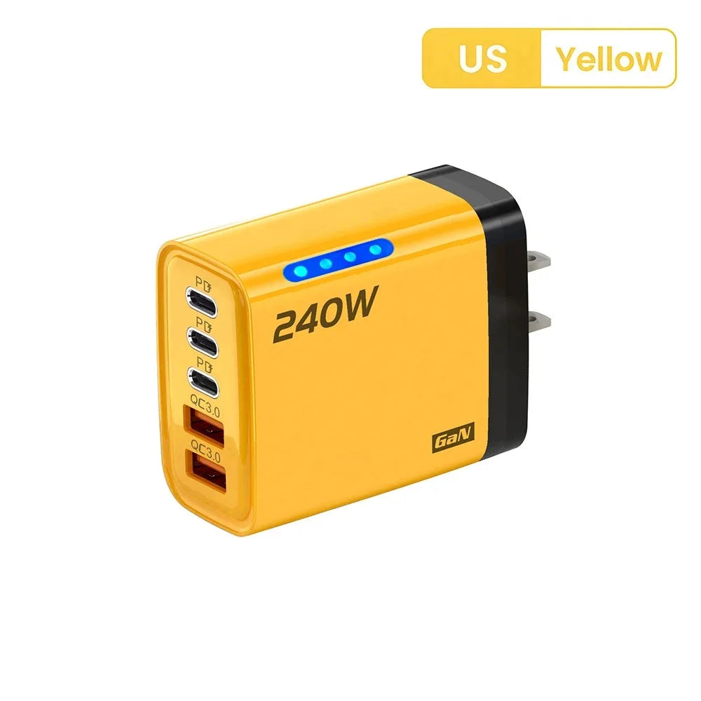 Chargeur de téléphone GaN 5 en 1 240W, adaptateur de charge rapide 10A, câble USB vers Type C, 3 ports PD, 2 ports USB, pour iPhone 16 15 Pro, Xiaomi