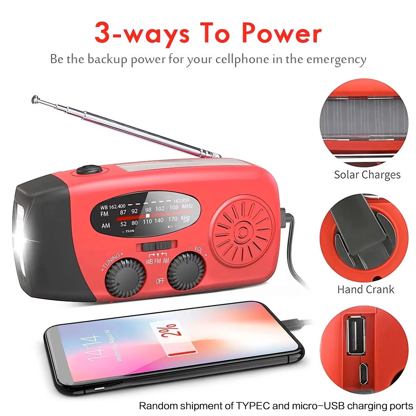 Radio météo d'urgence multifonctionnelle, FM AM WB, manivelle, charge USB solaire, batterie externe 2000mAh, lampe torche LED