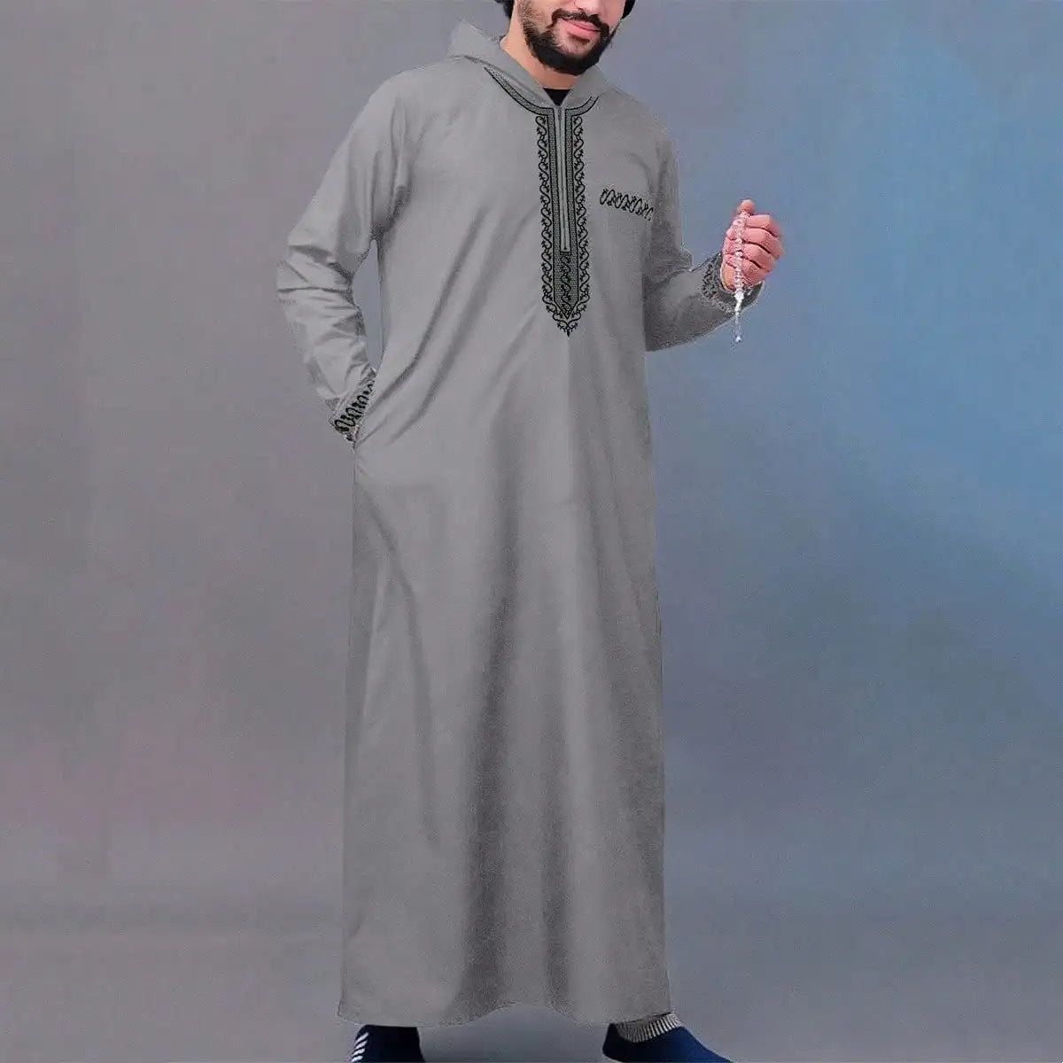 Thobe pour hommes marocain, manches longues style ethnique brodé col montant conception de fermeture éclair hommes musulmans à la mode Abaya fest arabe