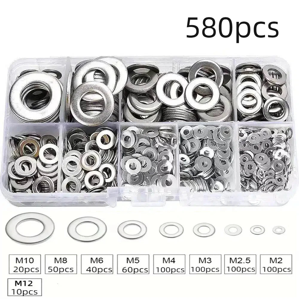 Ensemble de rondelles plates en acier inoxydable 360/580 pièces 304, parfait pour la décoration intérieure, la réparation d'usine, les cuisines, les magasins et plus encore
