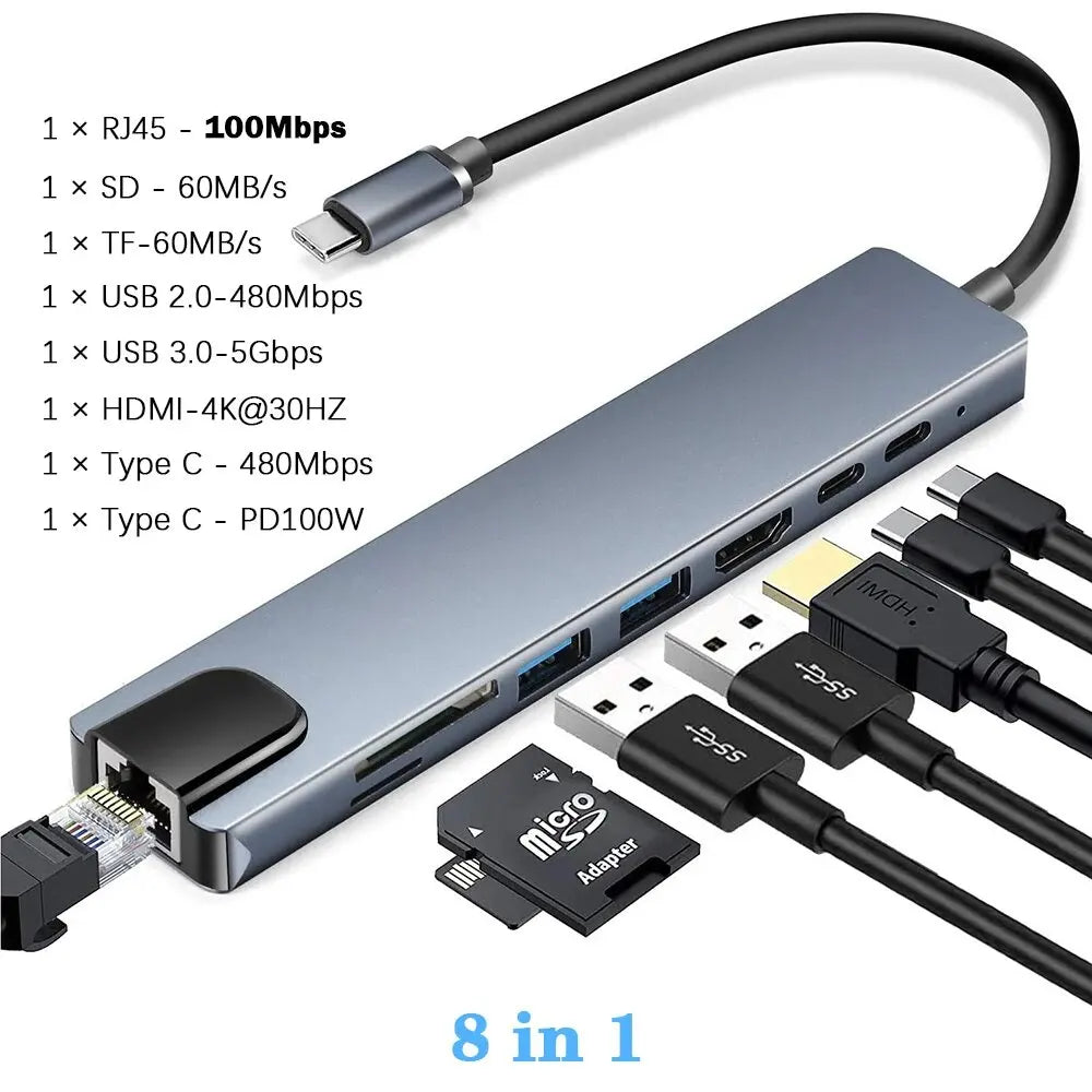 USB 3.0 Type C HUB USB C Station d'accueil vers HDMI 4K 30HZ Type C à RJ45 100Mbps adaptateur Ethernet VGA Extender casque PD 100W