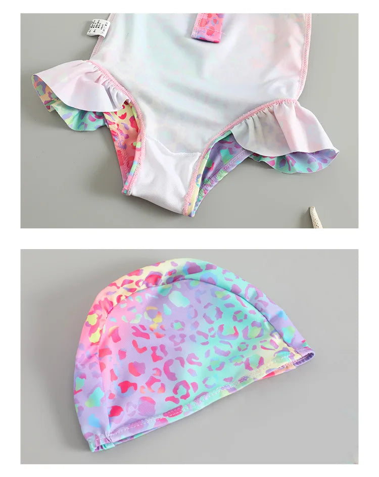 Maillot de bain une pièce avec chapeau de soleil pour petites filles de 1 à 2 3 4 5 6 ans, manches à volants léopard, fermeture éclair, vêtements de plage pour bébé