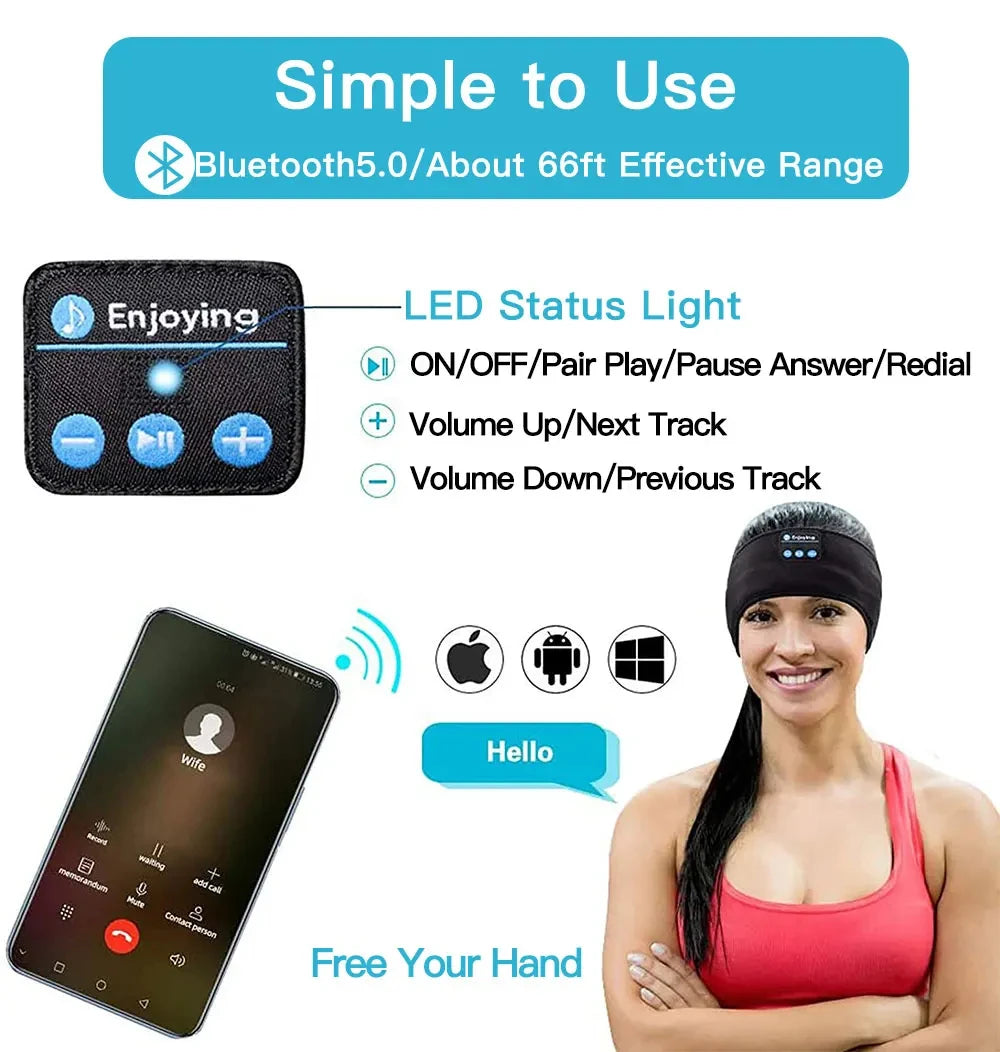 Casque Bluetooth 5.0 bandeau de couchage — écouteurs sport sans fil, masque pour les yeux, musique