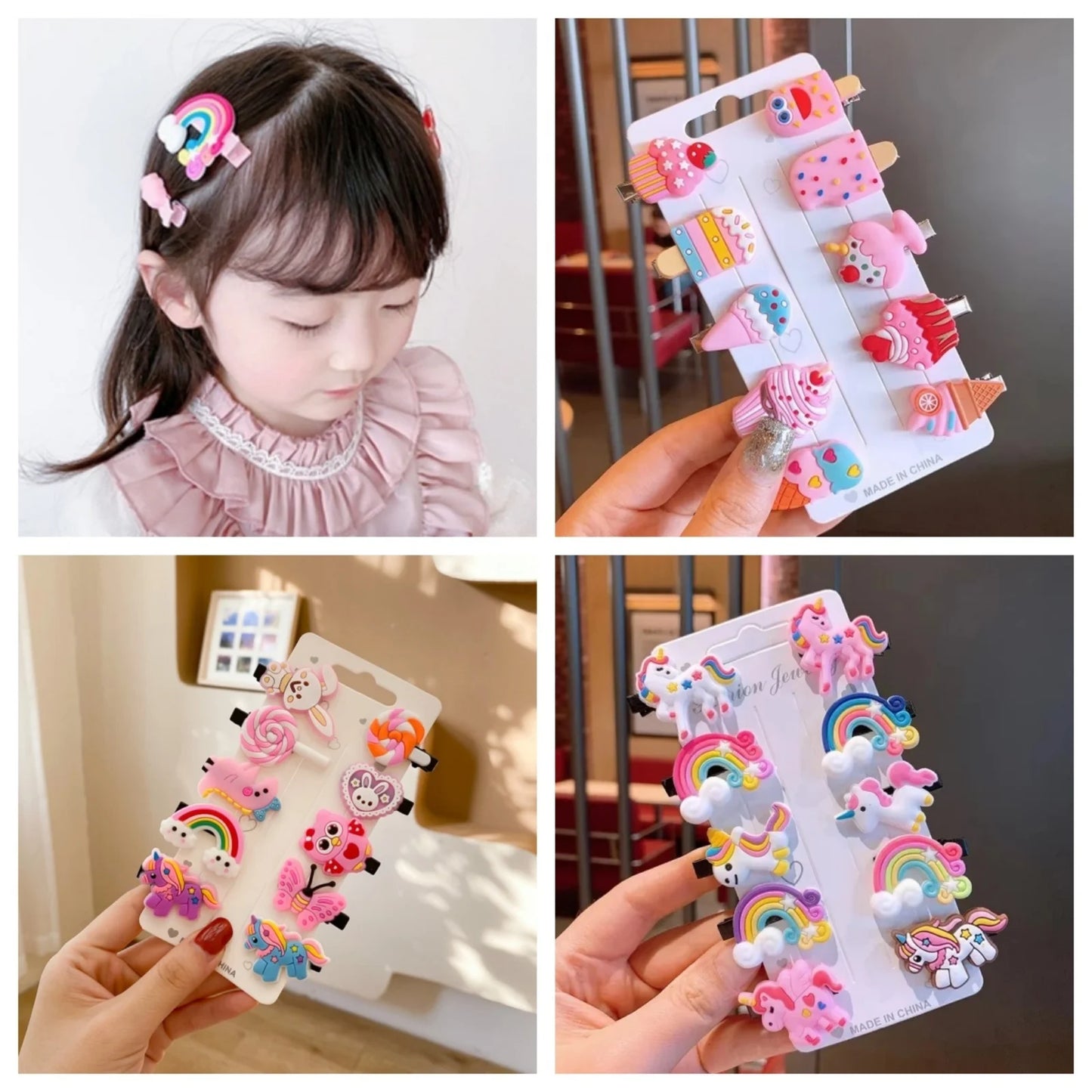 Pinzas de pelo de unicornio de dibujos animados para niñas, bonitas horquillas para el pelo para niños, diadema de helado, pinzas para el pelo, accesorios de moda, nuevo juego de 10 unidades