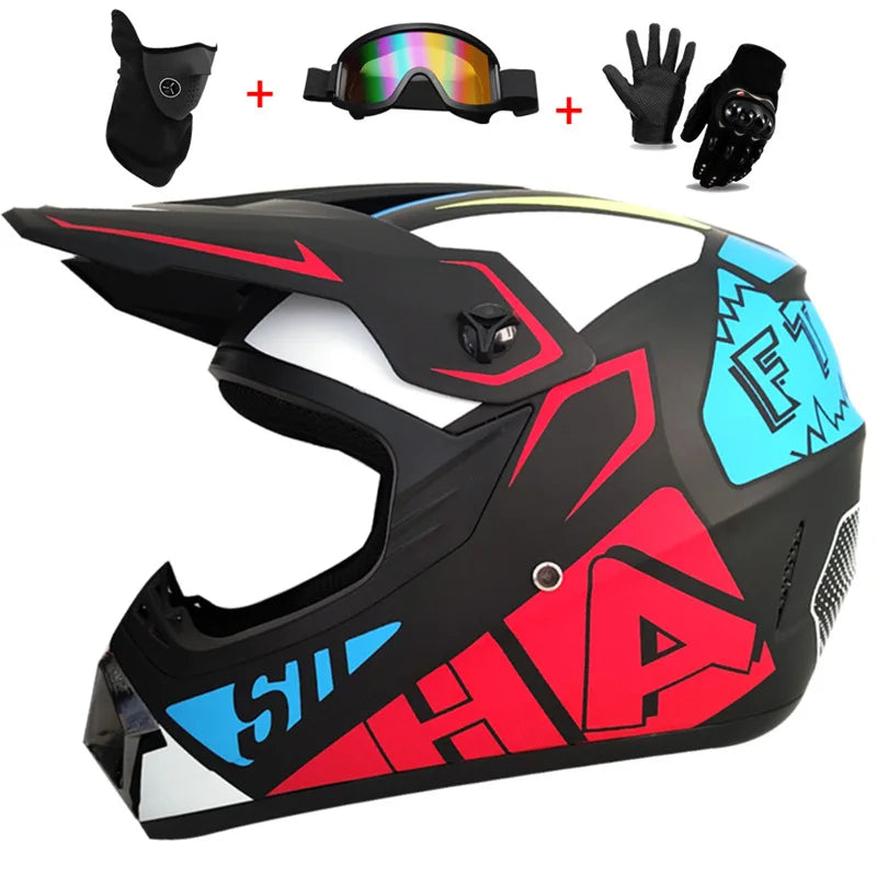 Kids Full Face Motorcycle Helmet, Youth Motocross Helmets, Off-Road Goggles, Cycling Protective Gloves