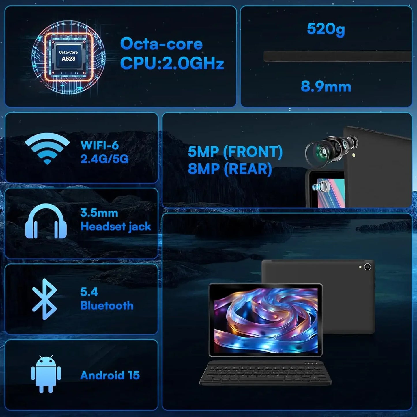 URAO 10-inch Android 15 Tablet, 8-core, 24GB + 128GB, 1TB expansion, WiFi 6, 5MP+8MP, stylus, keyboard, mouse, headphones, PC PAD set
