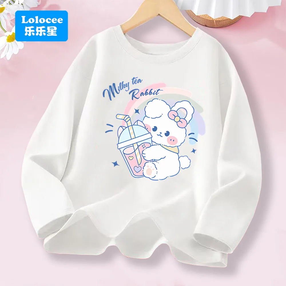 T-shirt rose à manches longues pour filles de 3 à 14 ans, haut en coton pour enfants, mignon "FRESH", imprimé boisson et Animal, nouvelle collection printemps 2026