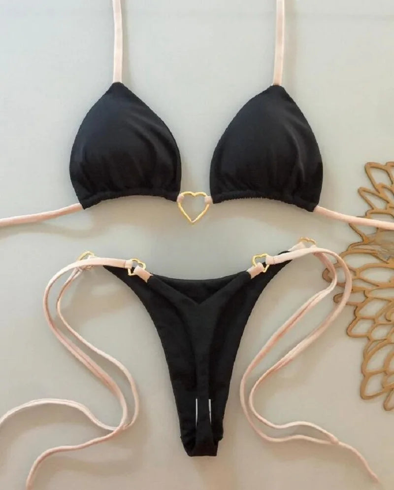 RUOTONSEPT-Maillot de bain deux pièces sexy pour femme, bikini brésilien, couleur unie, col licou, triangle, culotte tanga