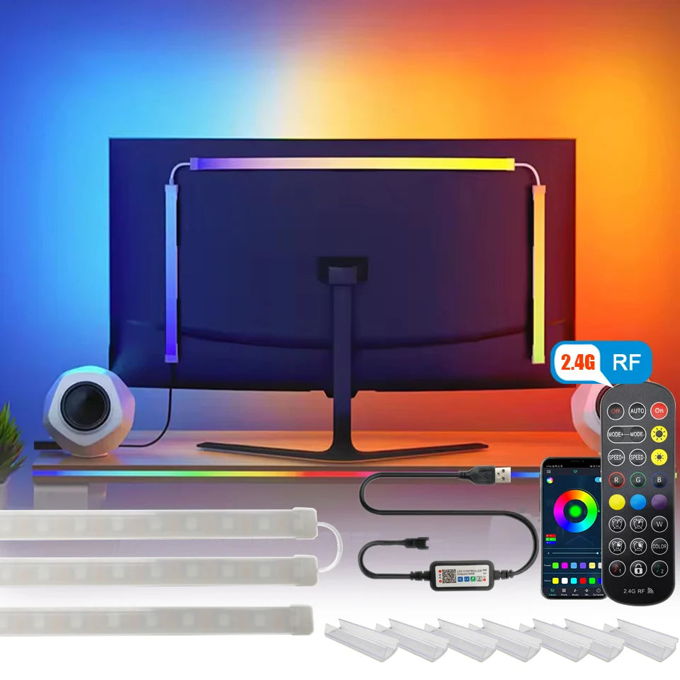Bande lumineuse LED USB pour PC, 24-34 pouces, RGBIC, synchronisation musicale via application, rétroéclairage LED pour écran d'ordinateur, pour la décoration d'une salle de jeu