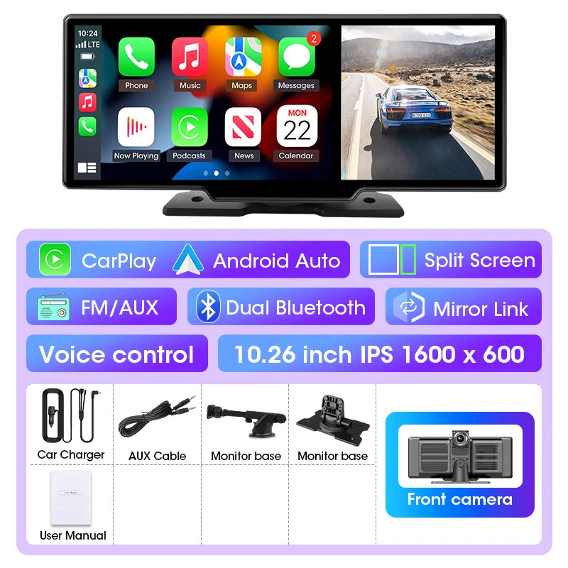 10/11.26 pouces Dash Cam 4K voiture DVR sans fil Carplay et Android Auto GPS Navigation enregistreur vidéo tableau de bord double objectif Wifi FM AUX
