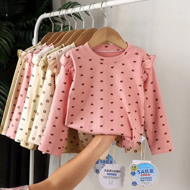 Maillot de corps à manches longues pour enfants, joli t-shirt à pois floraux, chemise en Y douce pour enfants, garçons et filles, 2-10T