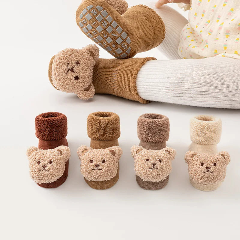 Chaussettes coordonnantes en coton doux pour bébé, chaussettes épaisses pour enfants, nouveau-né, tout-petit, mignon, ours de dessin animé, solide, garçons, filles, hiver, nouveau