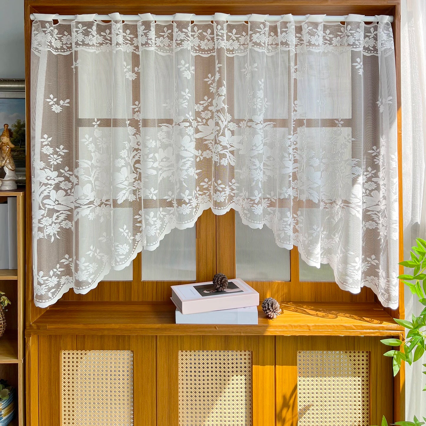 Rideau triangulaire transparent à fleurs blanches, demi-rideau pour petite fenêtre de cuisine, drapé de poche pour tringle de décoration de pays français