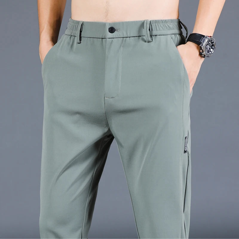 Pantalón fino de seda helada para hombre, elástico, informal, de cintura elástica, liso, ropa de marca, 5 colores, nueva colección de verano 2024