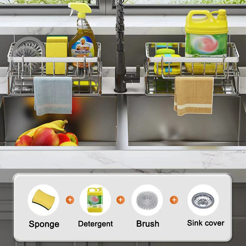 Support de rangement pour outils de nettoyage d'évier, égouttoir multifonctionnel en acier inoxydable pour cuisine, organisateur de nettoyant pour éponge, cintre pour chiffon