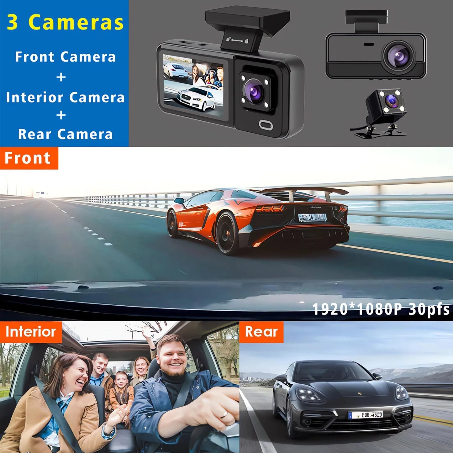 Dashcam 3 Canaux WiFi HD 1080P — Cabine Véhicule DVR Triple Voie Enregistreur