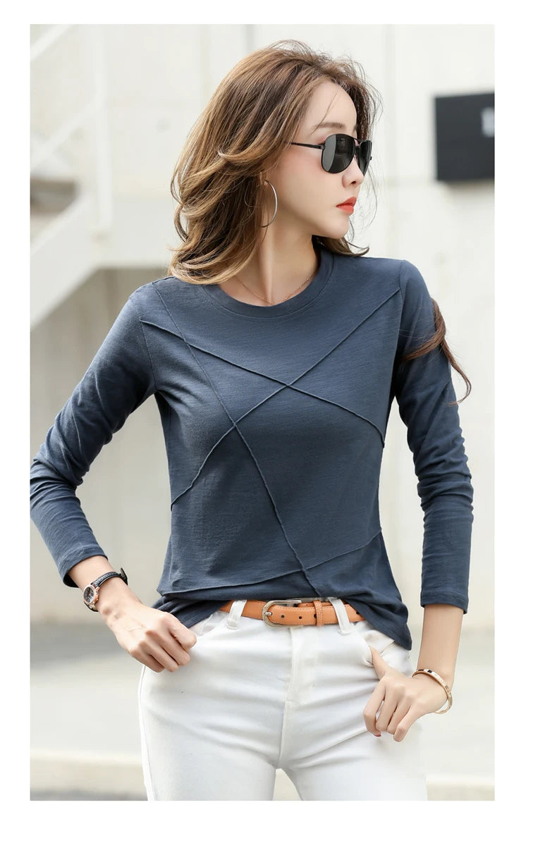 2026 printemps à manches longues femmes col rond bambou coton T-Shirt élégant ample côtelé mode T-Shirt dames Simple hauts