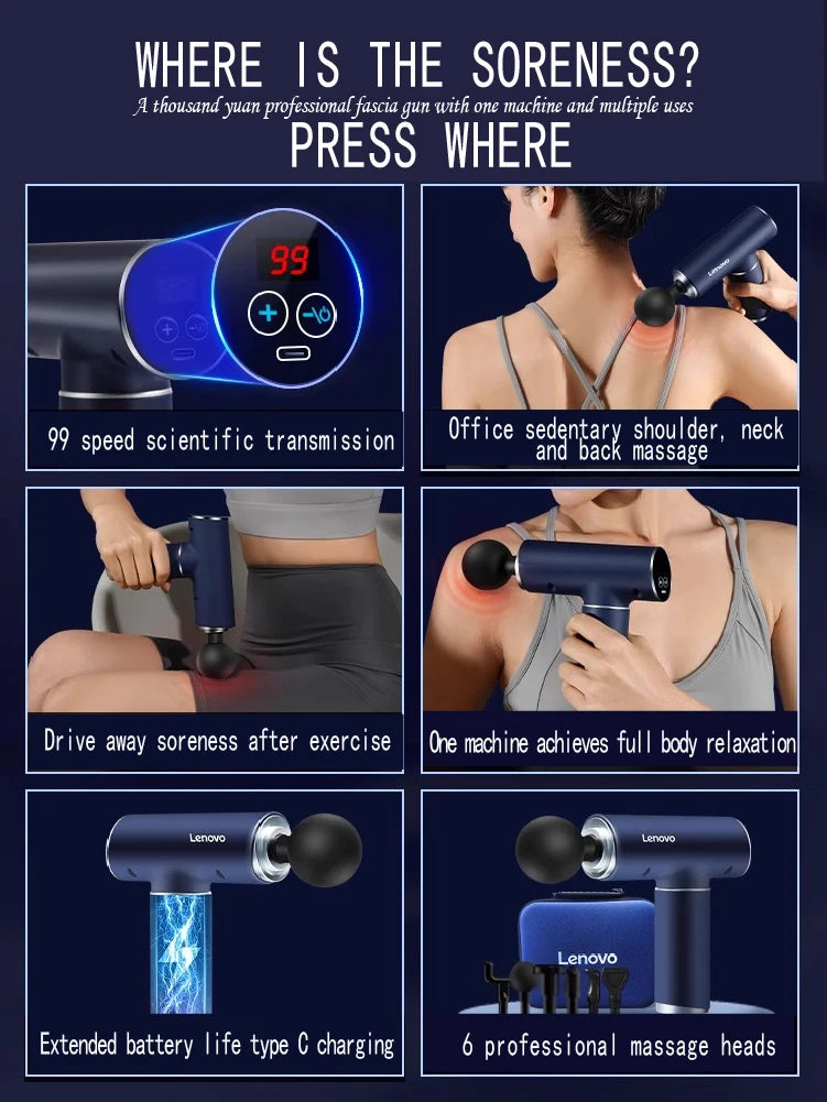 Lenovo – Pistola de Masaje Muscular Fascia Profesional Serie N2 N3, Masajeador de Relajación Muscular con Pantalla Táctil LED, 6 a 8 Cabezales de Masaje, Regalos, Original