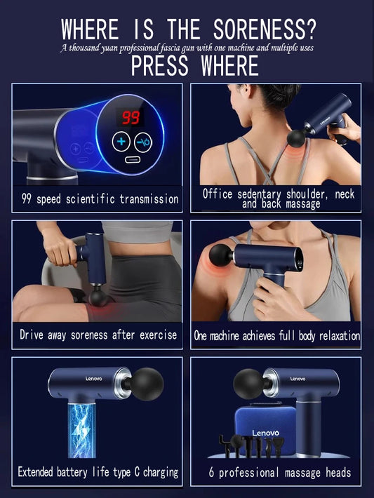Pistolet de massage professionnel — écran tactile LED, 6-8 têtes, relaxation musculaire, cadeau