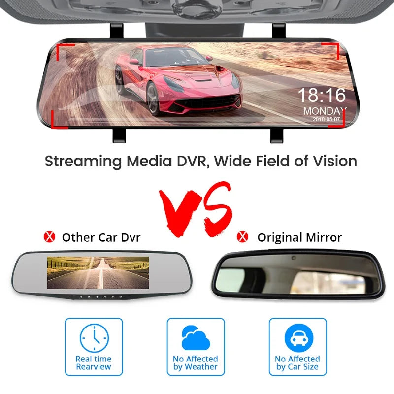 10 "Touchcam táctil 24H Aparcamiento opcional doble lente frontal y trasera para coche DVR espejo grabador de vídeo caja negra sistemas inteligentes
