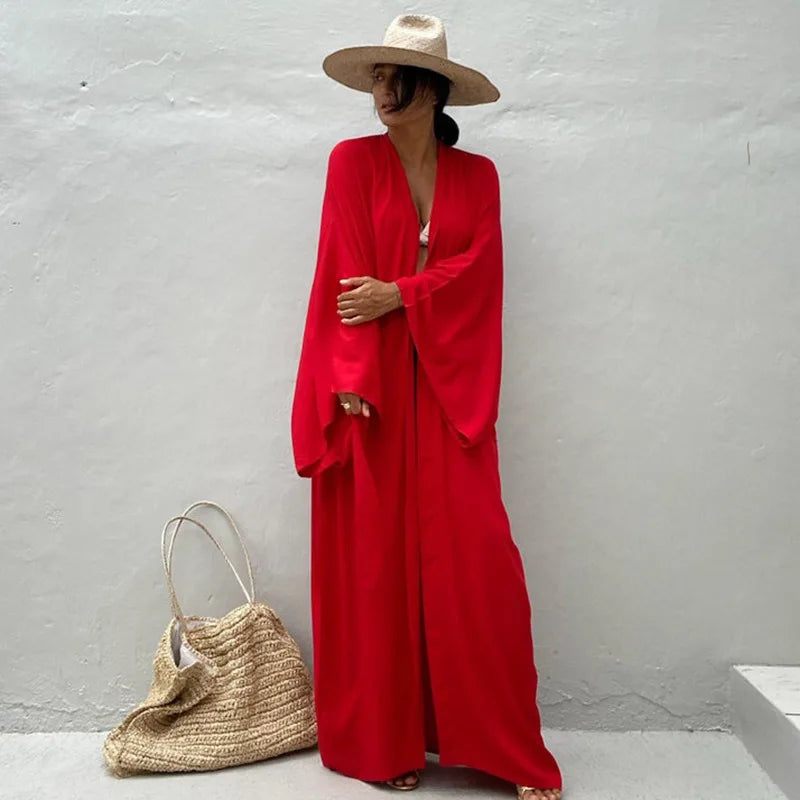 Robe de Plage Longue avec Ceinture pour Femme, Kimono Sexy, Cardigan d'Été, 5 Couleurs Unies