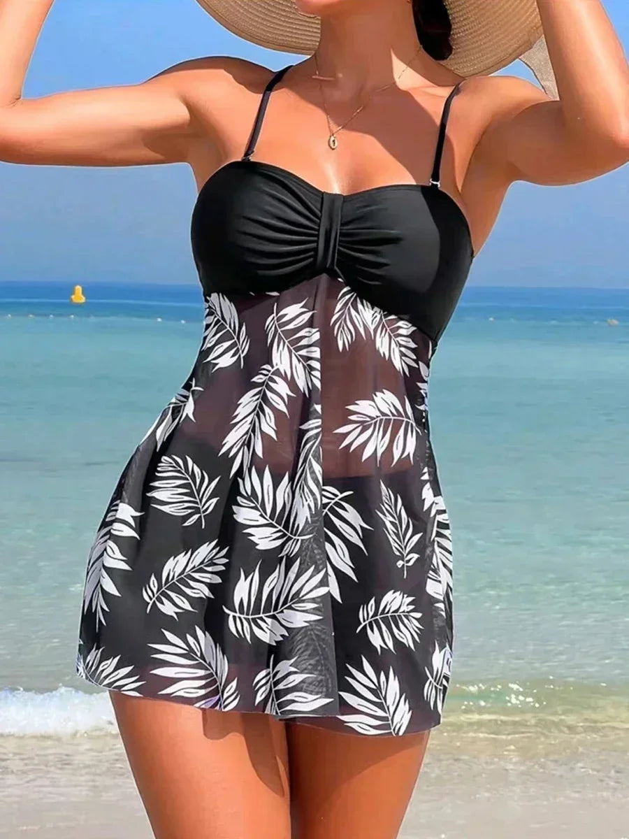 Maillot de Bain Fendu Femme 2024 — Robe Courte Sexy, Taille Haute, Maille Imprimée, Plage