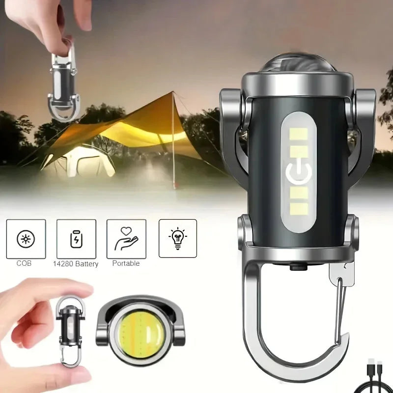 Mini lampe de poche porte-clés Rechargeable, lampe de travail COB, crochet extérieur, voyant d'avertissement d'urgence pour Camping, marche, randonnée
