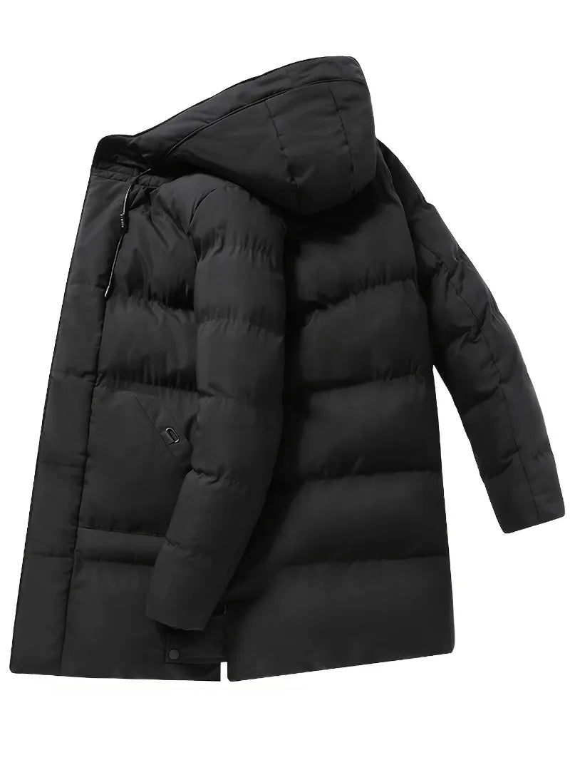 Men's Thick Winter Coat, Cold Weather Windproof Jacket with Full-Length Zipper, Long Hooded Formal, Large Front Pockets