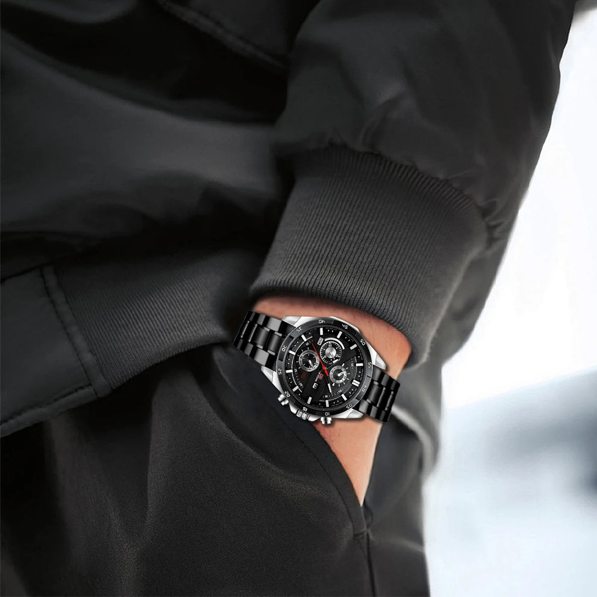Montre à quartz en cuir pour homme, style sport, grand, décontracté, mode, original, noir, rose, or, calendrier, 46mm