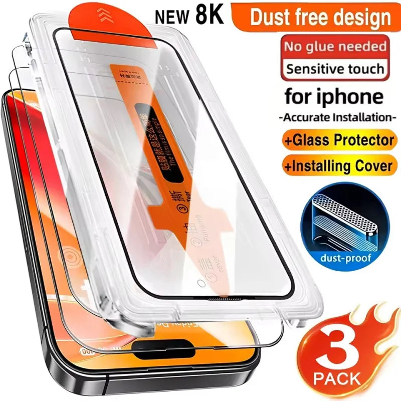 Protector de pantalla de cristal templado HD, 3 piezas, para iPhone 17 16 Pro Max 15 14 11 12 13 mini, instalación antiarañazos y sin polvo