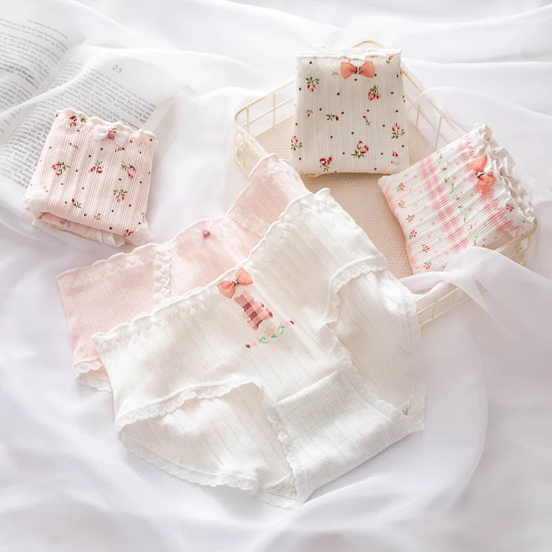 Culottes Coton Doux Nœud Dentelle Femme — Lot de 5 Pièces