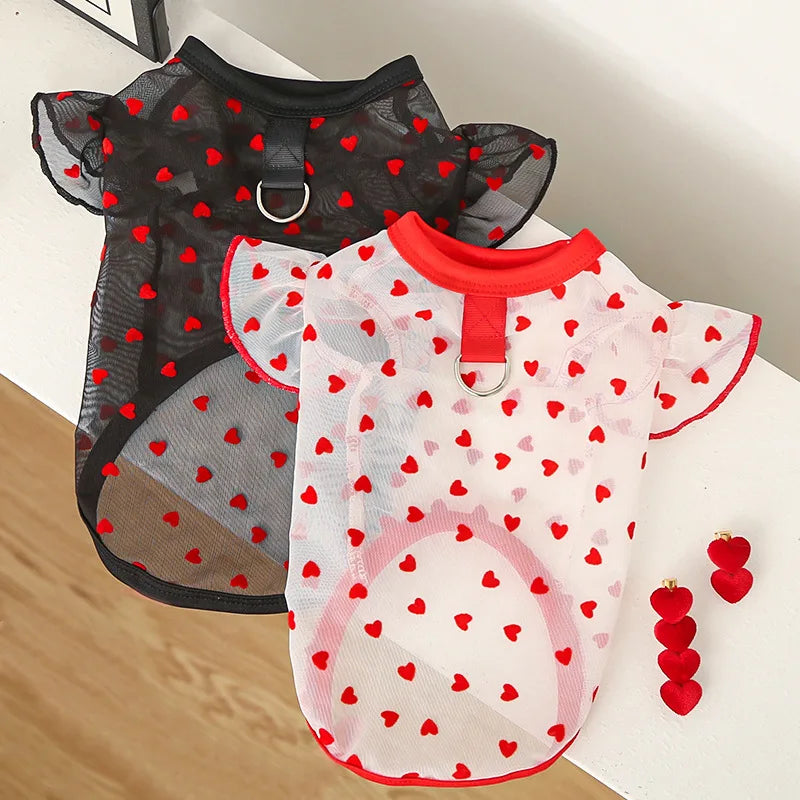 Gilet rafraîchissant fin pour chien, manches volantes en forme de cœur, vêtements d'été pour chien avec anneau en D, Chihuahua Bichon, chemise pour fille, chat, t-shirt en maille pour chien