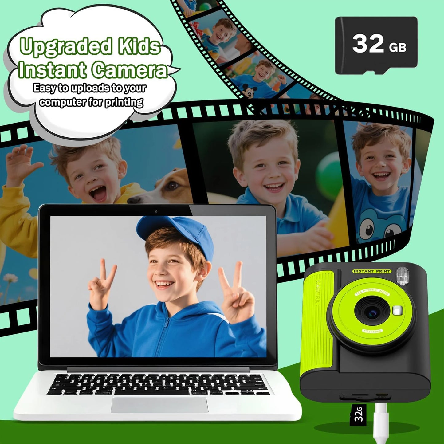 Appareil photo numérique avec impression pour enfants — 3 papiers d'impression, carte 32G, cadeau filles et garçons
