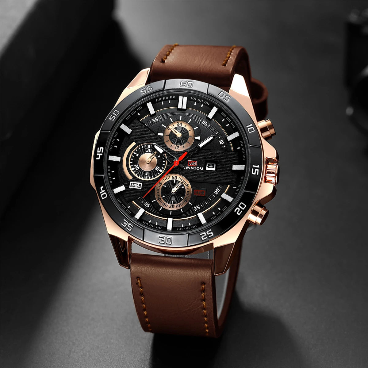 Montre à quartz en cuir pour homme, style sport, grand, décontracté, mode, original, noir, rose, or, calendrier, 46mm