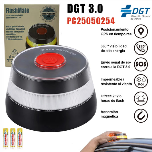 Feu de détresse automobile homologué DGT V16 avec connectivité DGT 3.0 et balise d'authentification par géolocalisation, valable jusqu'en 2038