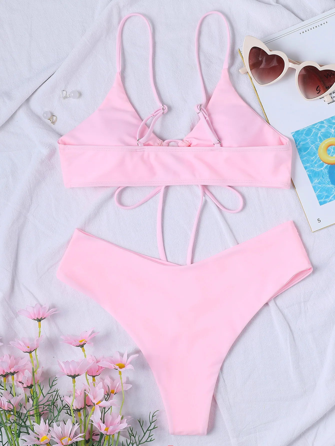 Nouveau ensemble de Bikini à haute élasticité pour 2025 été deux pièces couleur unie à lacets Sexy femmes maillot de bain plage maillot de bain maillots de bain