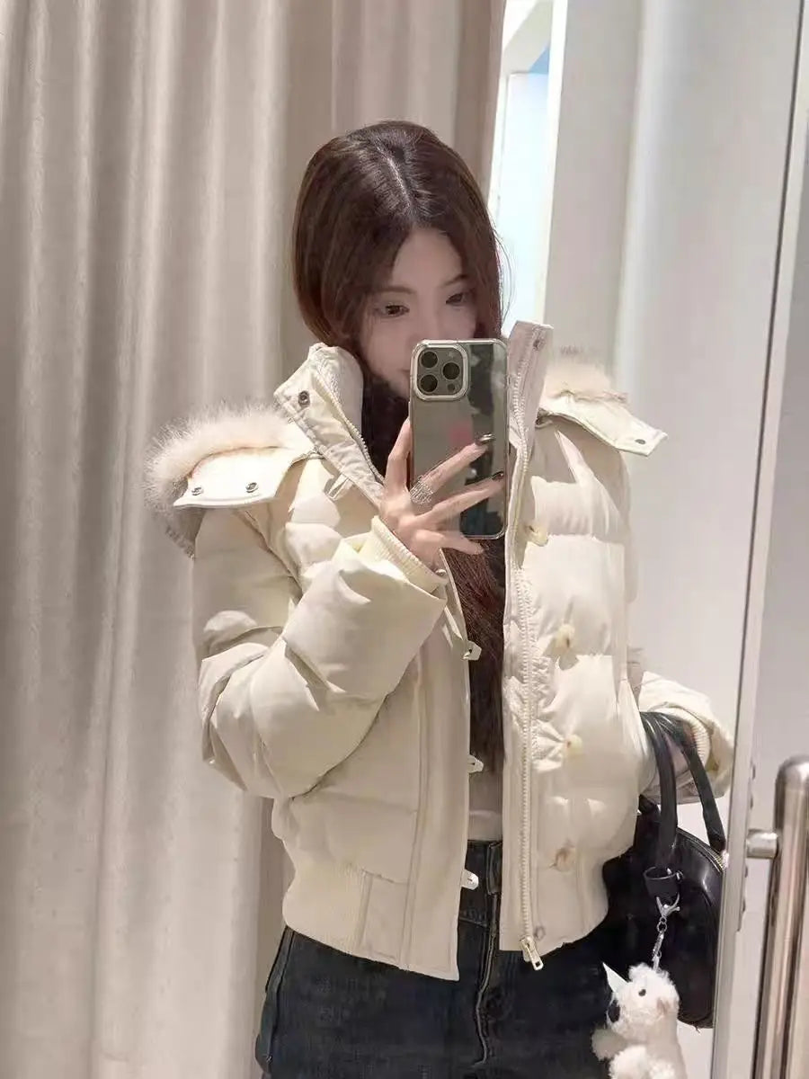 Abrigo de algodón con capucha de mujer de color sólido cálido con cuello de piel retro americano Ins invierno suelto casual delgado abrigo de algodón chaquetas