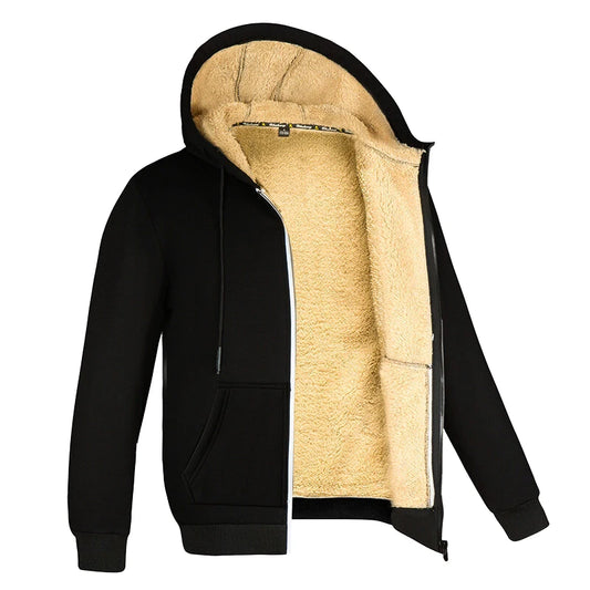 Men's and Women's Lambswool Hooded Jacket, Warm Coat, Long Sleeve, Zip-Up Hoodie, Casual, Sport, Smile, Black, Winter