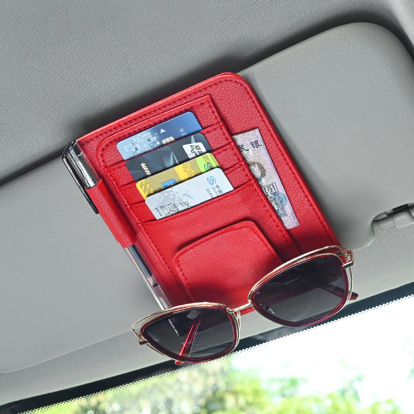 Organisateur Visière Voiture Multi-Poches — Porte-Cartes Lunettes Rangement Anti-Rayures
