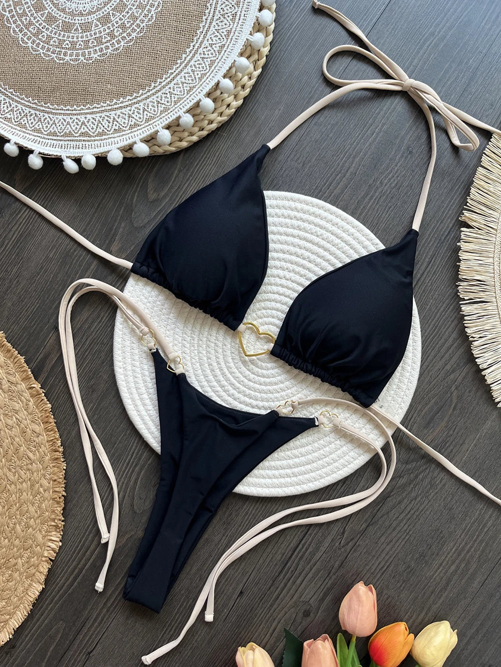 Ensemble bikini sexy dos nu couleur unie taille basse pour femme, maillot de bain deux pièces triangle string brésilien