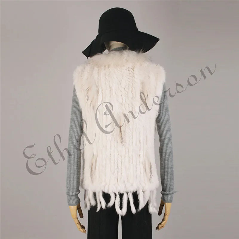 Gilet à glands en véritable fourrure de lapin tricoté — vintage, garniture fourrure raton laveur