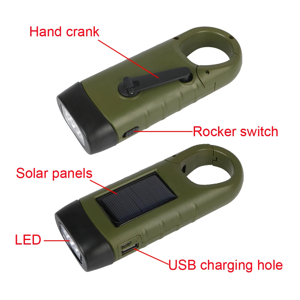 Lampe de poche LED à manivelle, équipement de survie Rechargeable à énergie solaire, torche de charge auto-alimentée, Dynamo pour pêche, bateau, randonnée